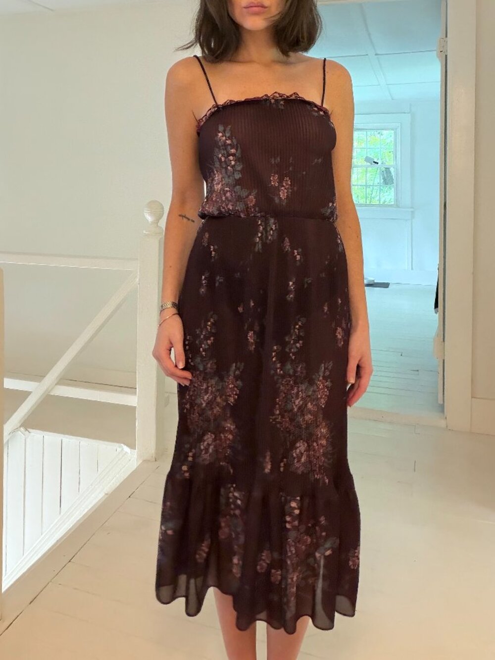 Vintage 70s Floral Pleated Chiffon Lace Trim Midi Slip Dress Size 3 Maroon
